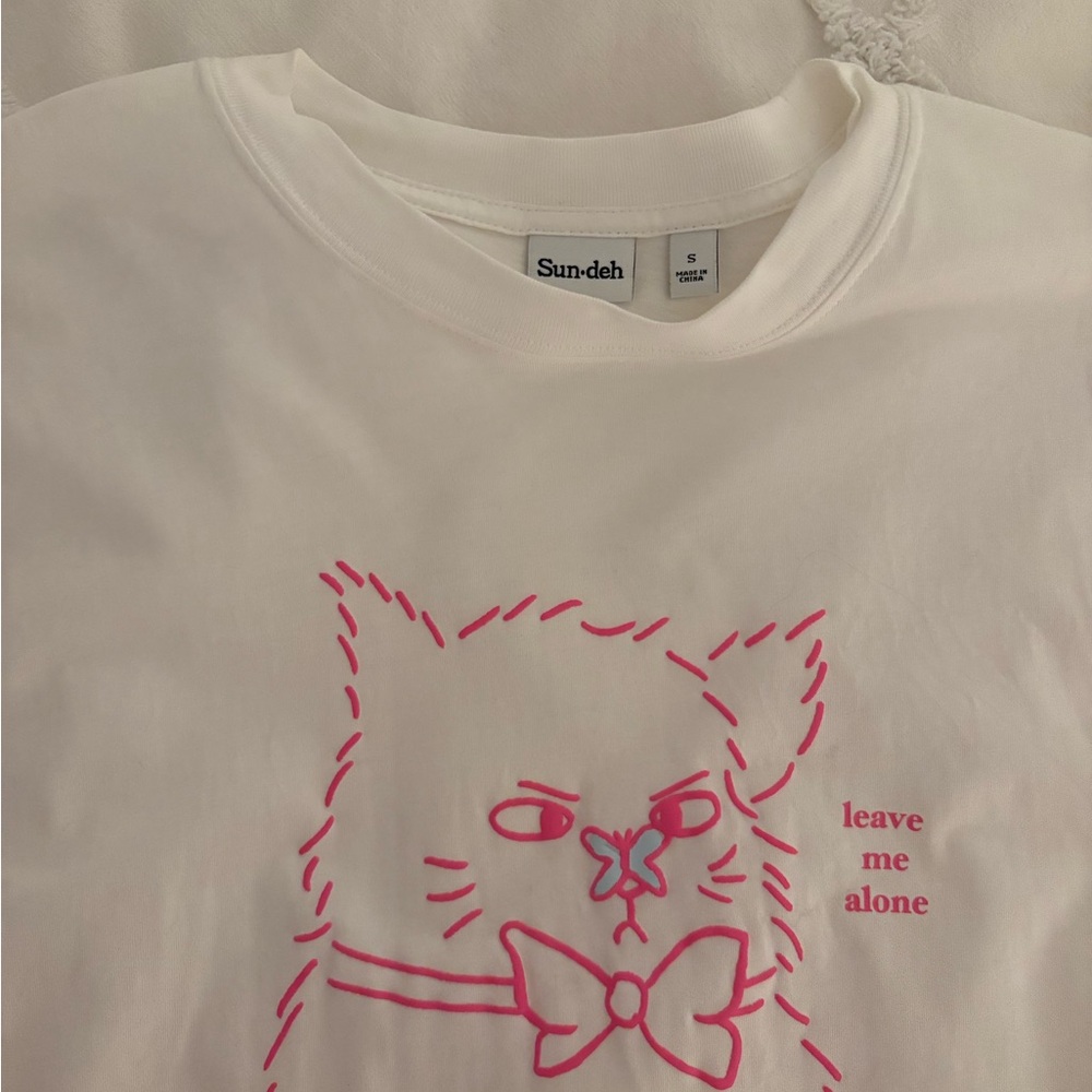 Aritzia Sunday Best White Shirt with Pink Cat Design -Small